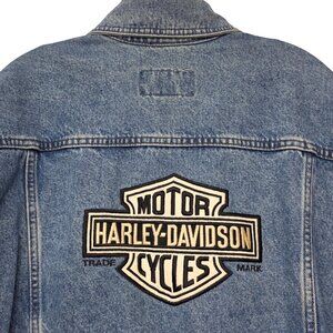 VTG Harley Davidson Biker Denim Jean Jacket Embroidered Back Logo Men's XL